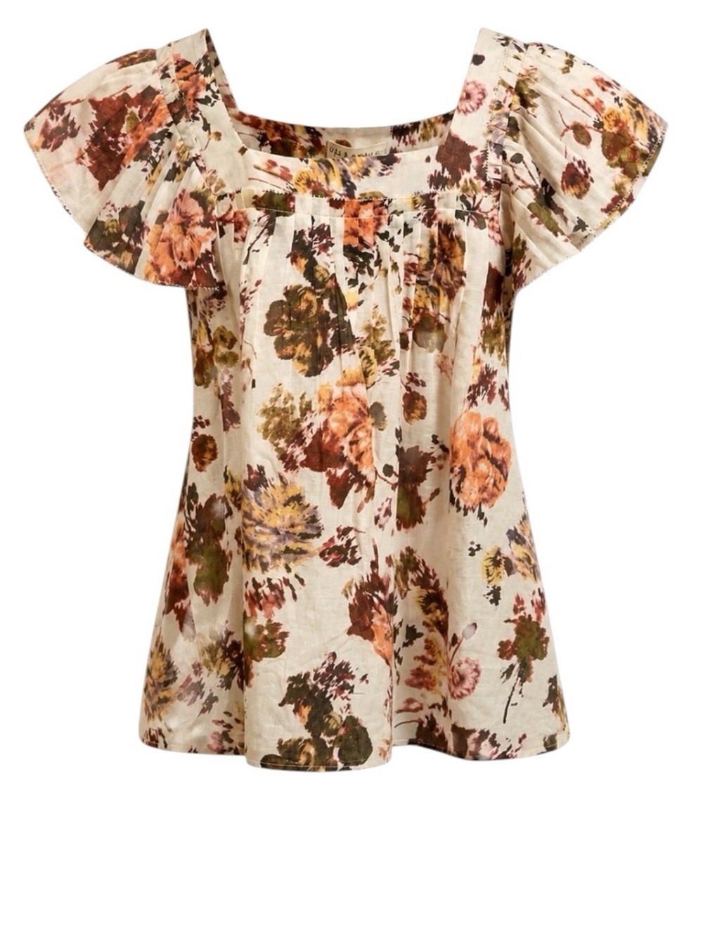Ulla Johnson Kiki Silk & Cotton Voile Floral Flutter Sleeve Square Neck Top